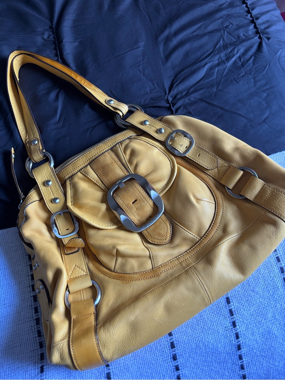 b. makowsky Mustard Yellow Leather Shoulder Bag with Buckle Accent